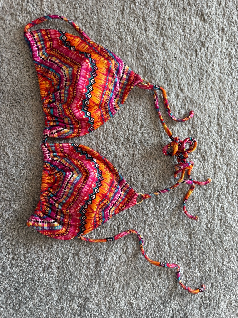 Luli Fama Multi-Color Orange Pink Tribal Print Triangle Bikini Top
